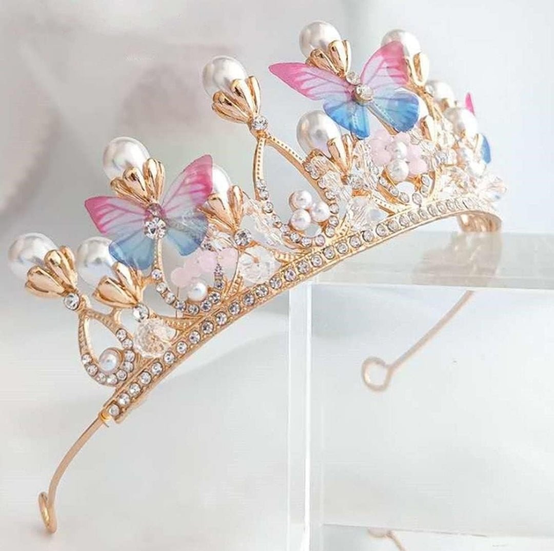 Crystal Tiara Crown for Girl, Princess Birthday Crown with Pearl & Butterfly for Performance Cosplay Party Rhinestone Crowns for Kids Teens - Salembier