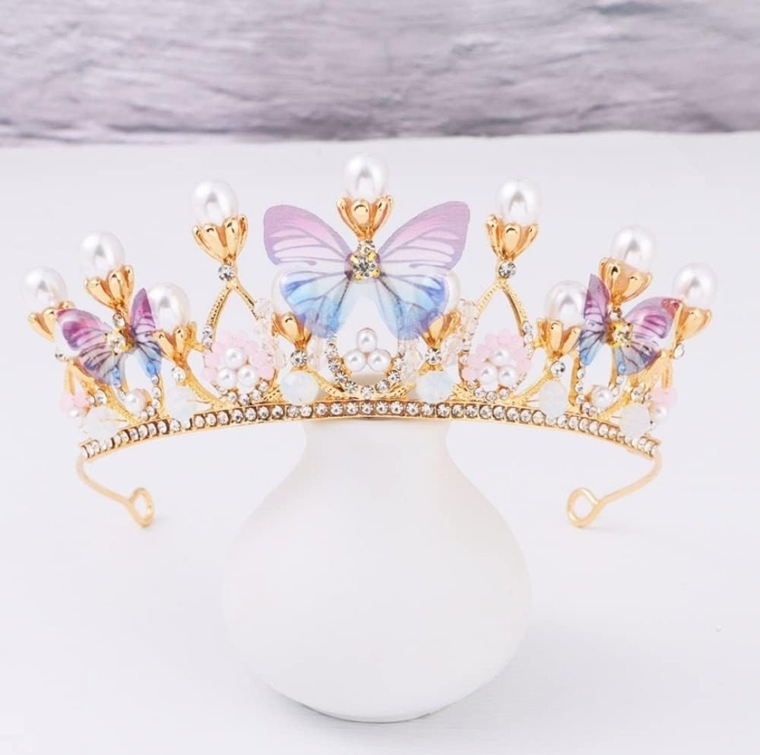Crystal Tiara Crown for Girl, Princess Birthday Crown with Pearl & Butterfly for Performance Cosplay Party Rhinestone Crowns for Kids Teens - Salembier
